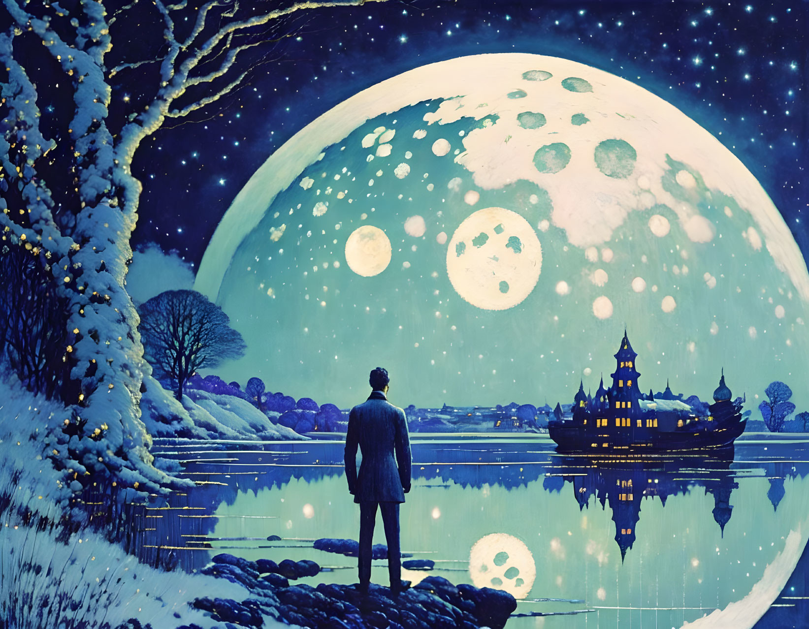 Person gazes at moons over lake with castle silhouette and snowy landscape