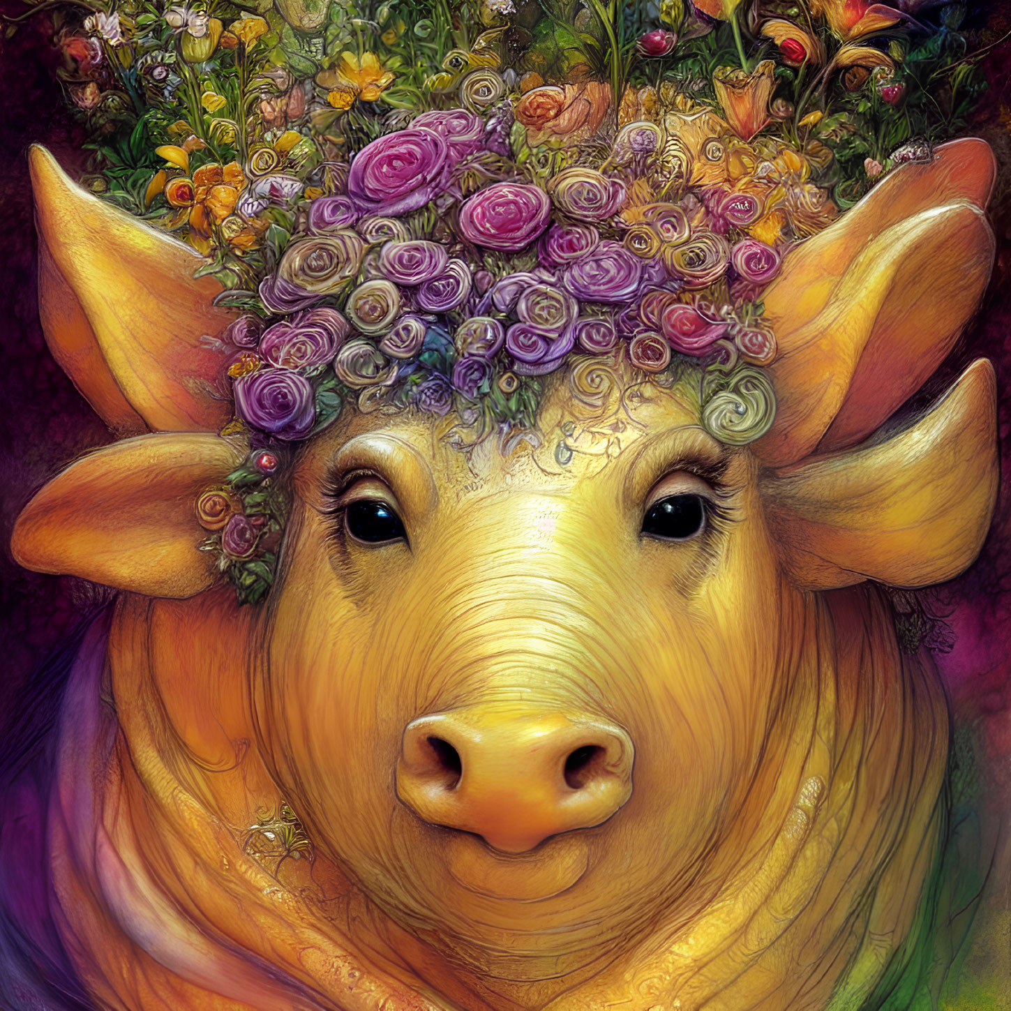 Golden cow with flower crown illustration - whimsical and serene