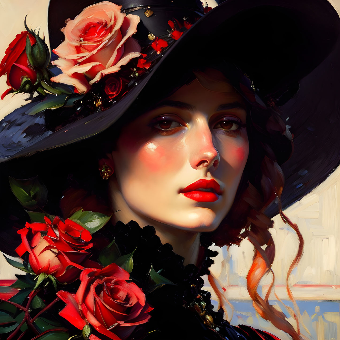 Portrait of a Woman with Rosy Cheeks and Red Lips in Black Hat