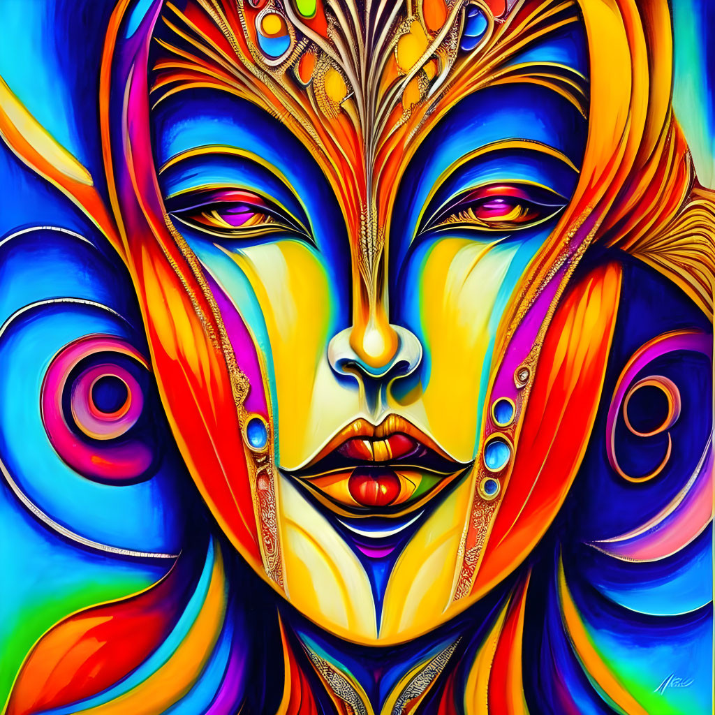 Colorful Abstract Painting: Symmetrical Face with Bold Blues and Yellows