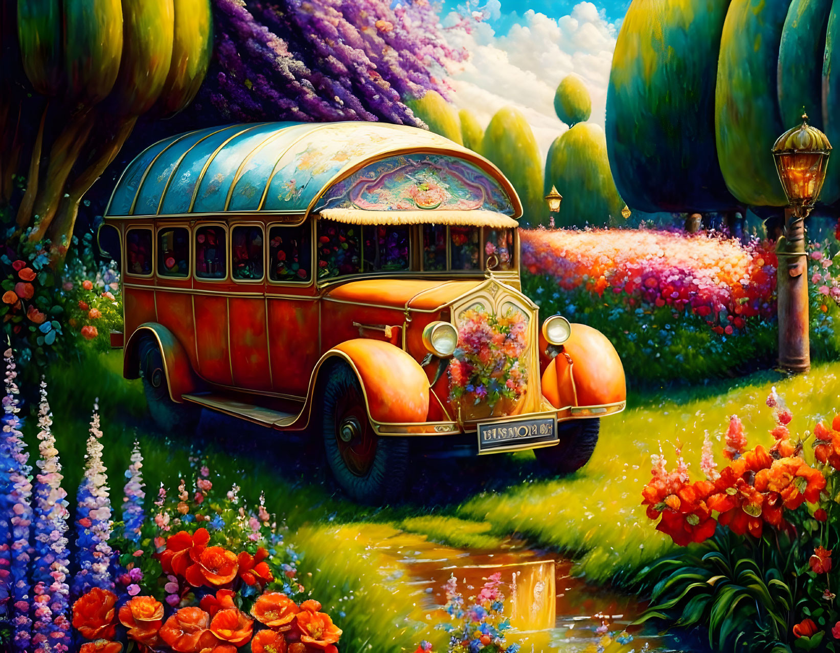 Colorful Vintage Bus Painting in Lush Garden Setting