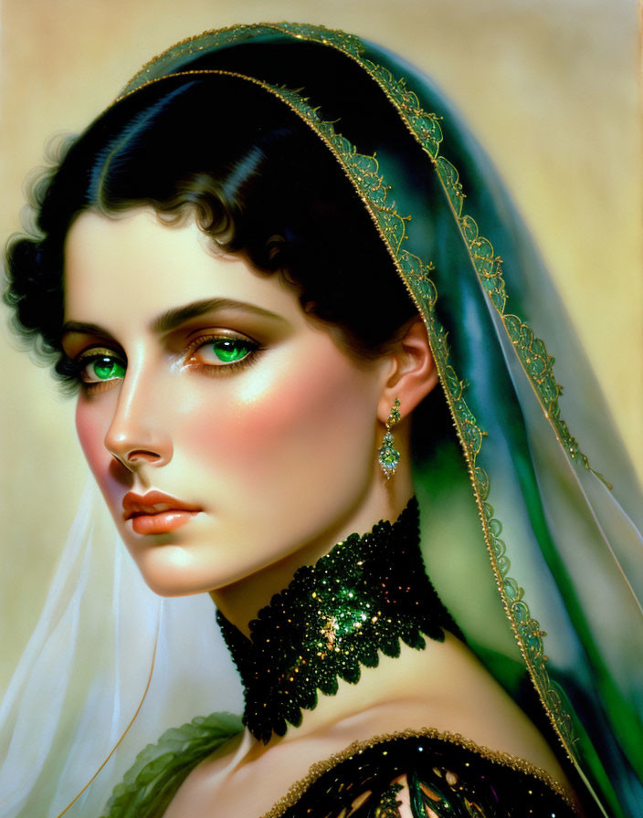 Portrait of Woman with Green Eyes, Black Choker, and Gold-Trimmed Veil