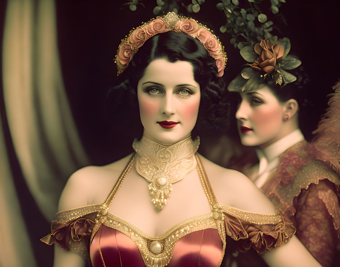 Vintage Portrait: Two Women in Red and Gold Dresses