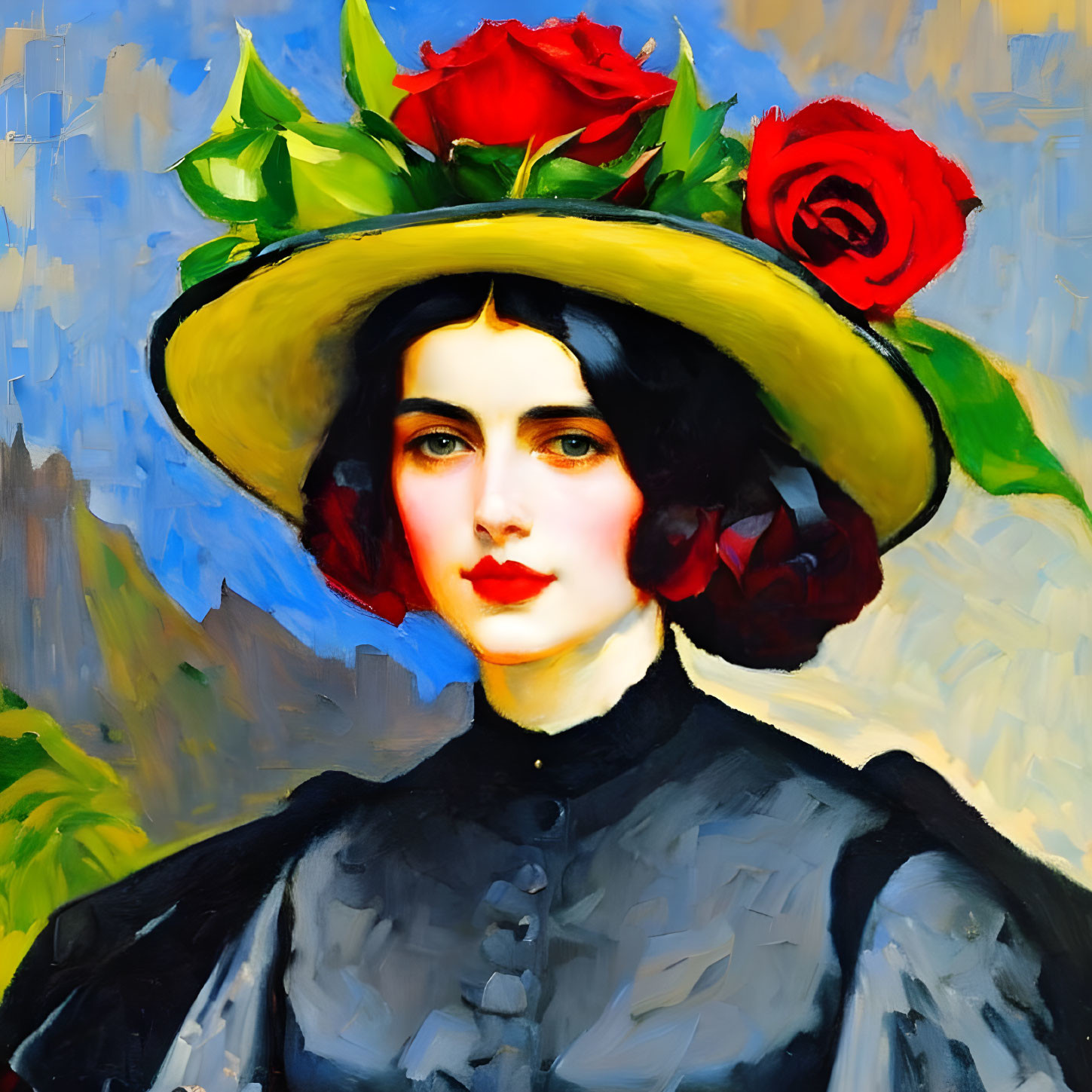 Portrait of a Woman with Pale Skin and Dark Hair Wearing Red Rose Hat