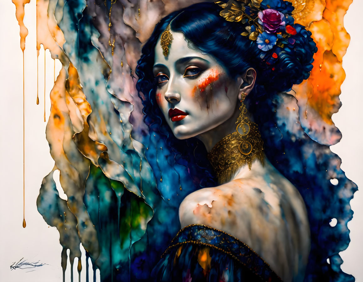 Blue-skinned woman with gold jewelry in abstract background