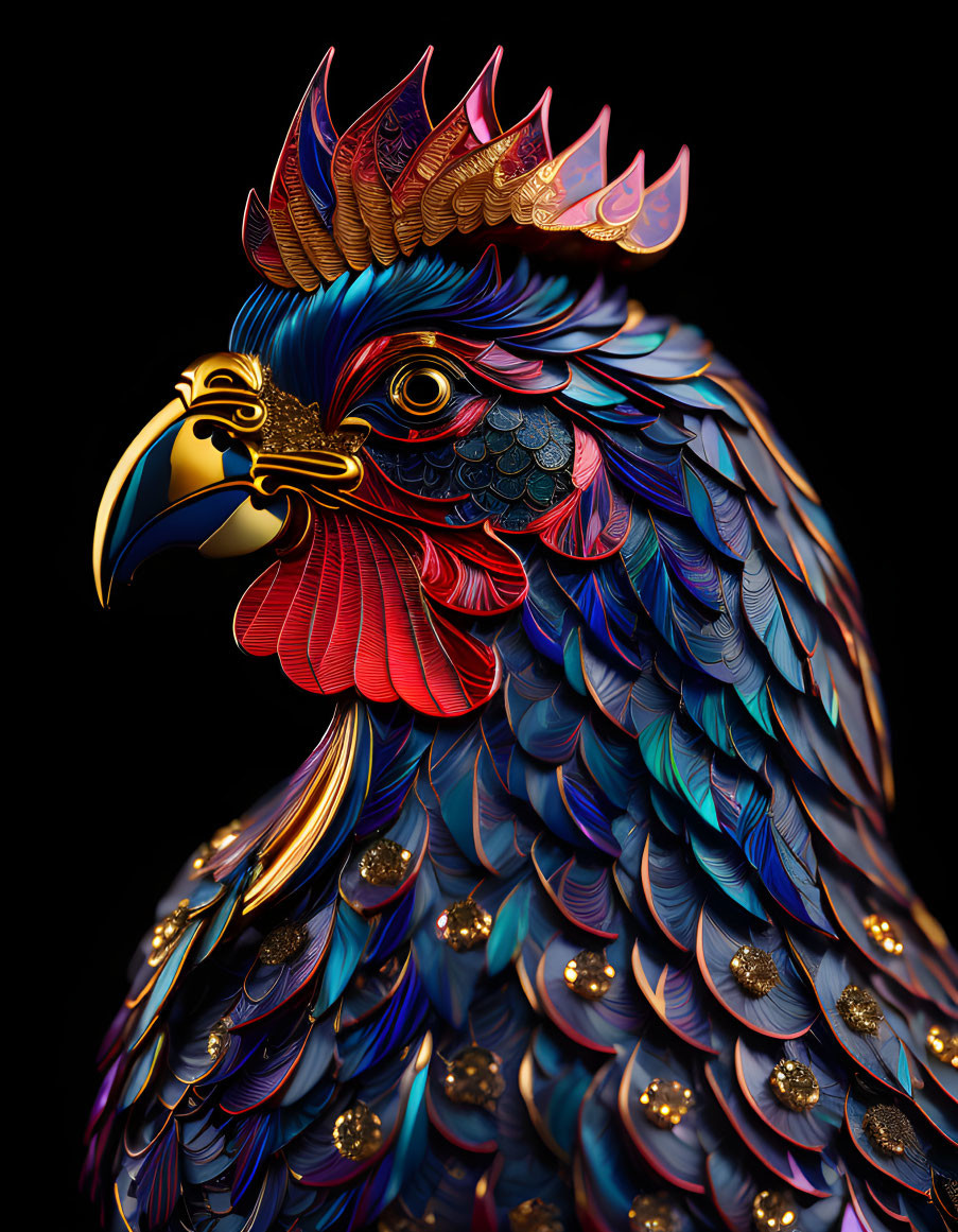 Colorful digital rooster artwork with metallic feathers on black background