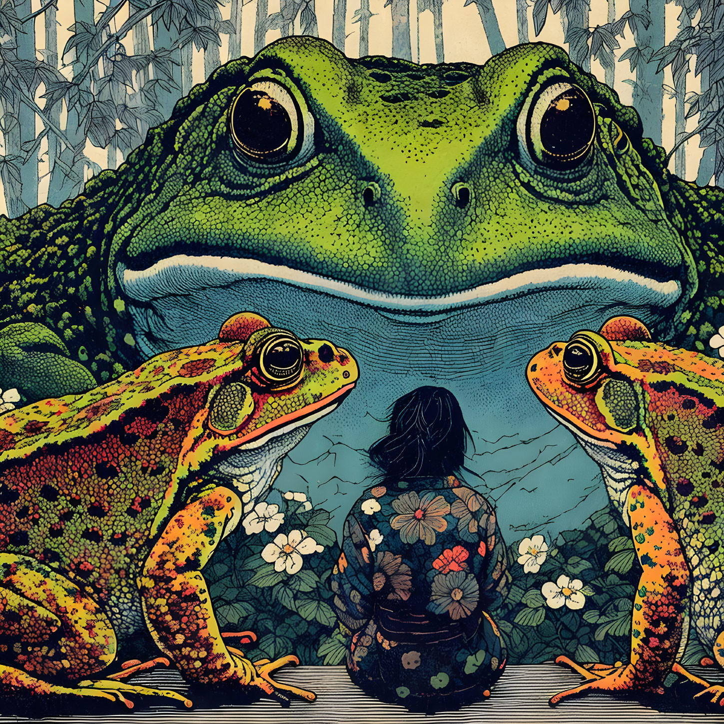 Person surrounded by giant frogs in surreal forest scene