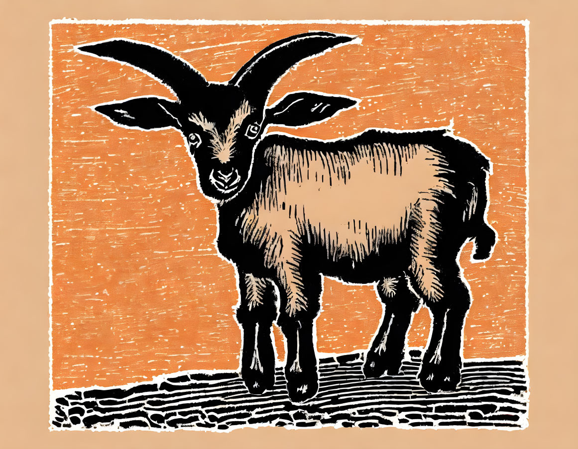 Goat with Prominent Horns in Woodblock Print Style