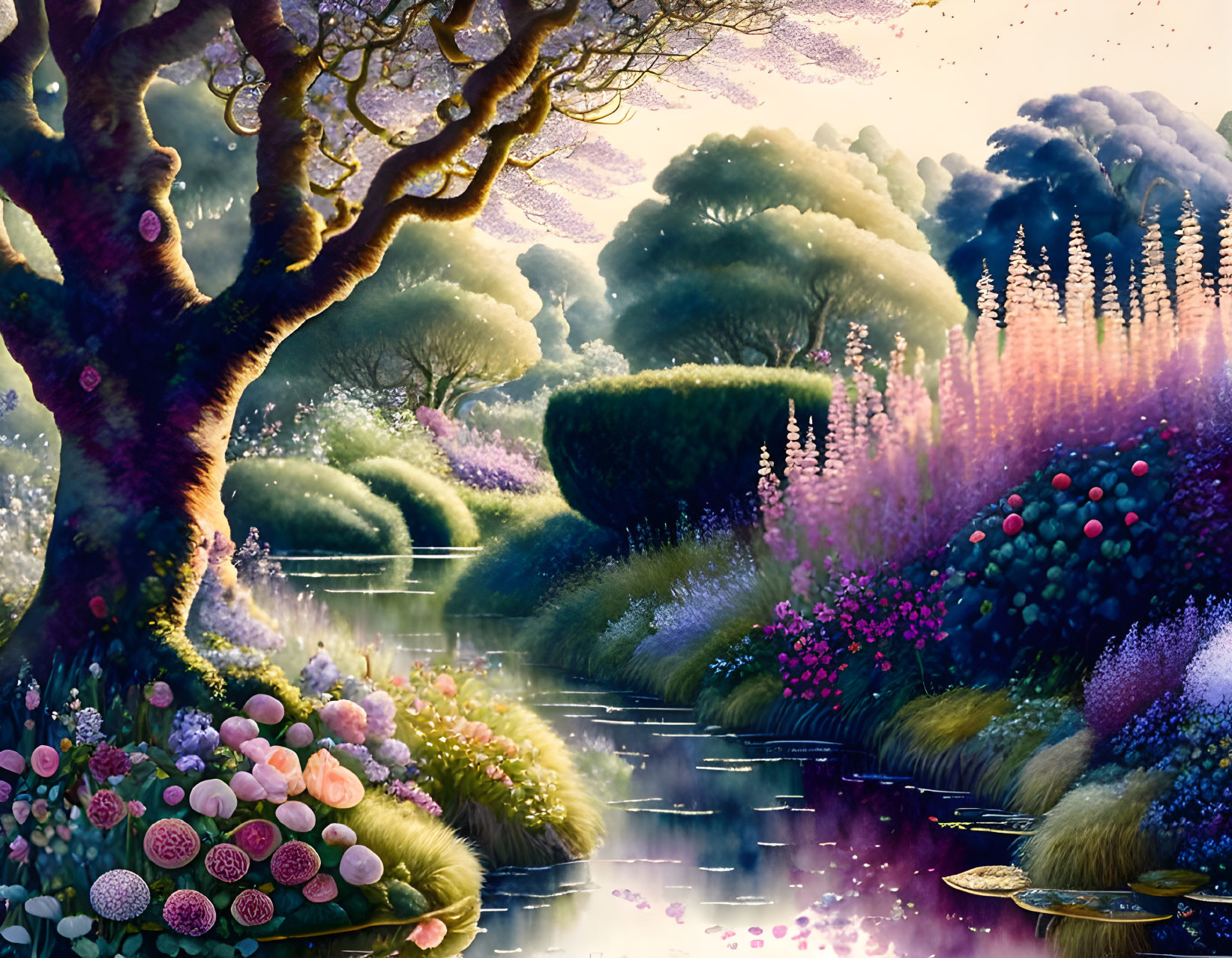 Vibrant landscape with tranquil river, blooming flowers, lush trees