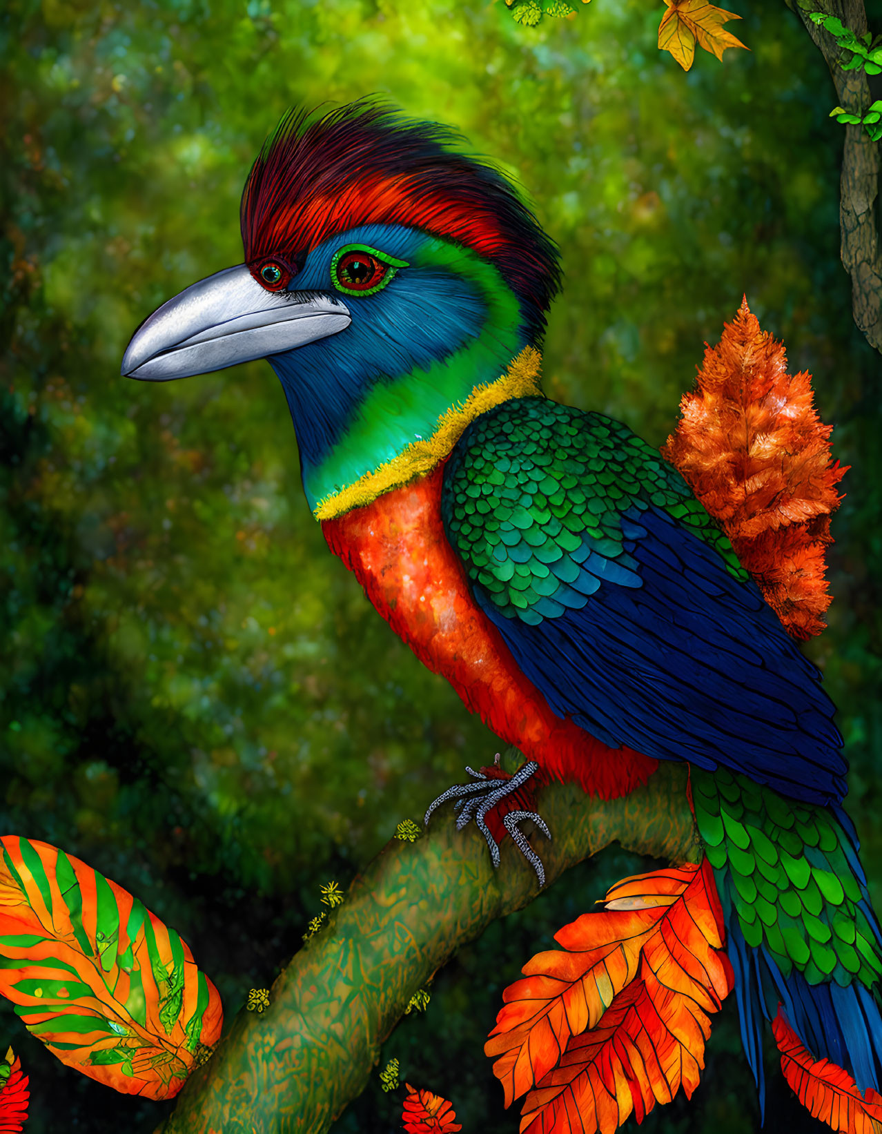 Colorful Bird Perched on Branch in Vibrant Digital Illustration