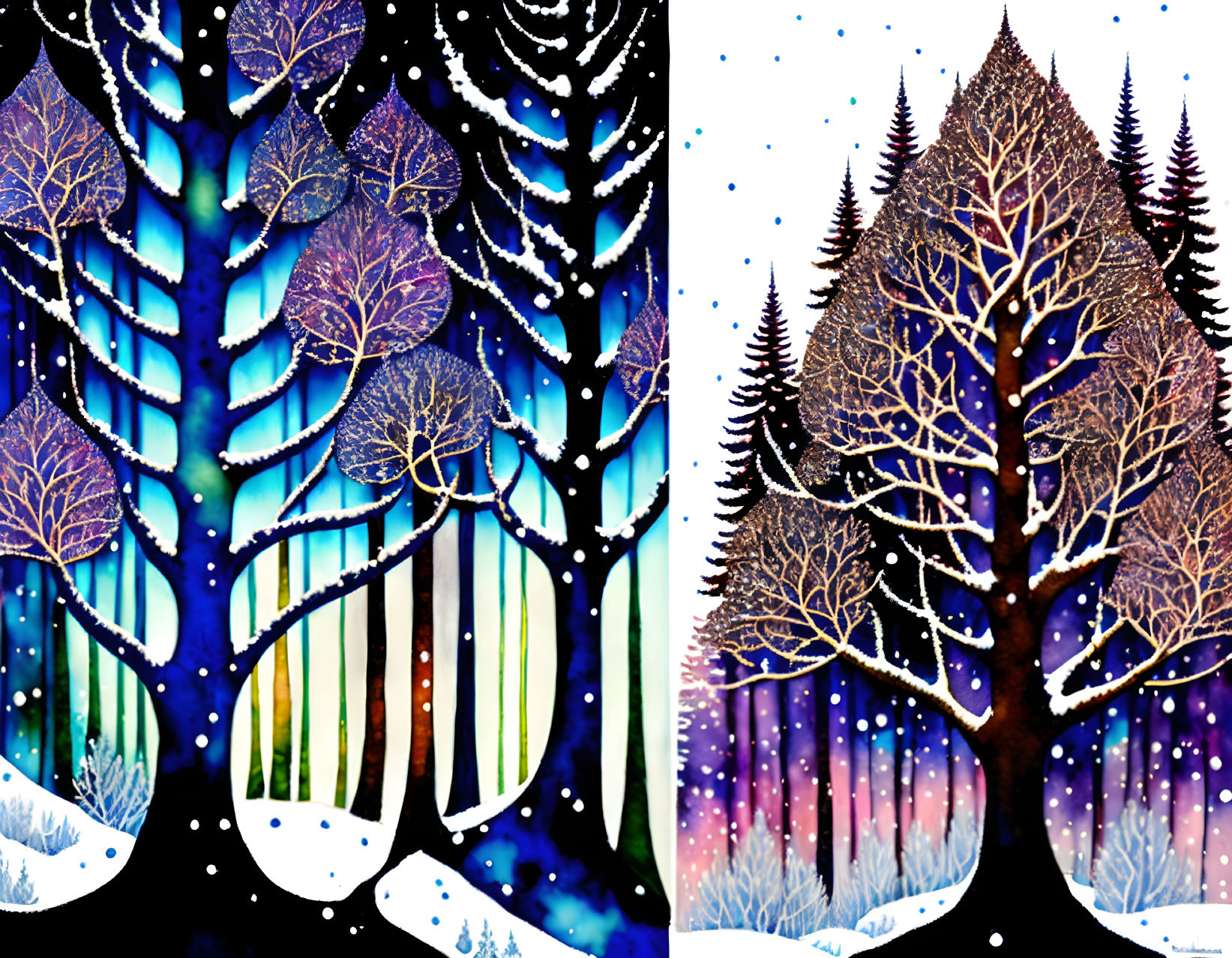 Digital Artwork: Wintry Scenes with Stylized Trees & Starry Skies