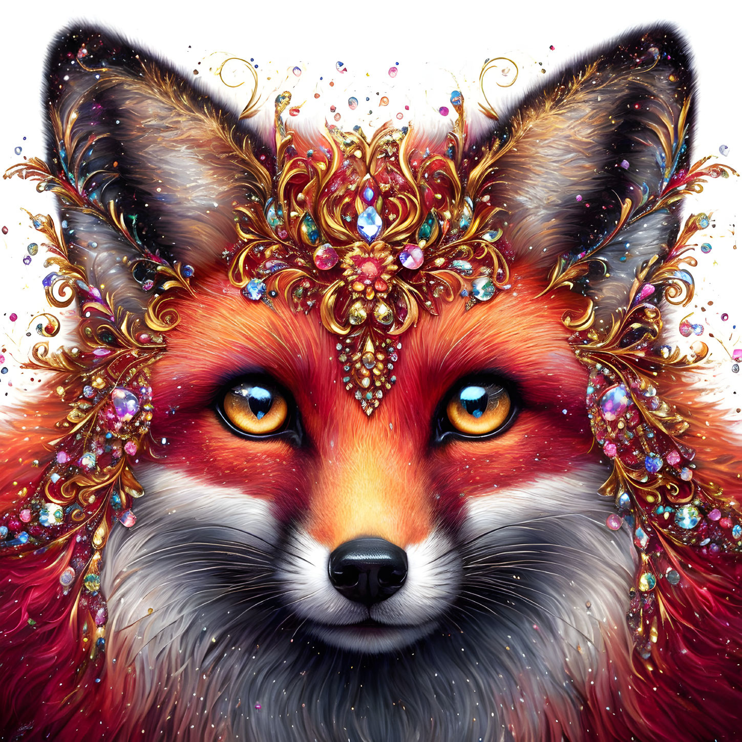 Regal fox illustration with ornate crown and vibrant colors