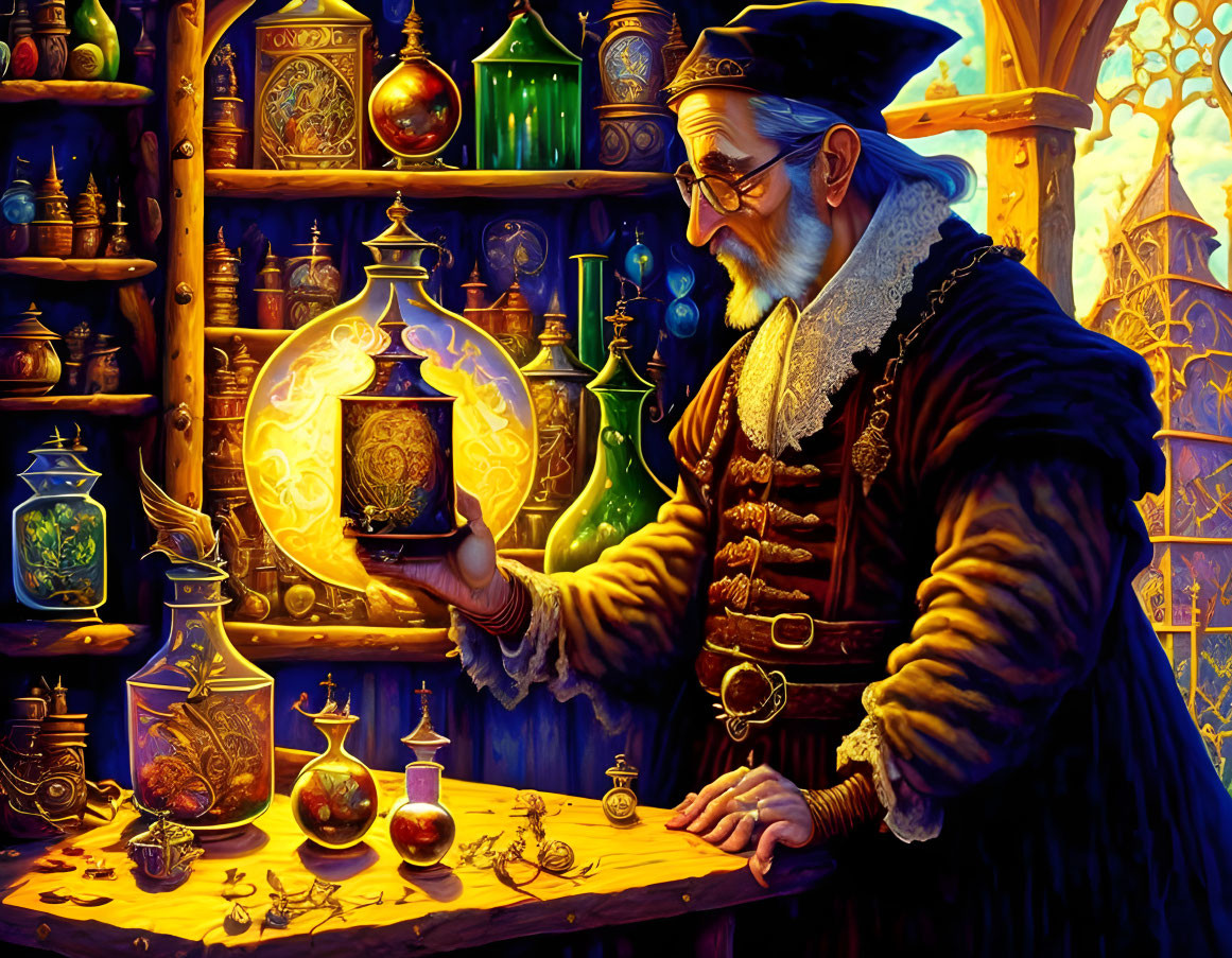 Elderly wizard studying magical tome in vibrant alchemy lab