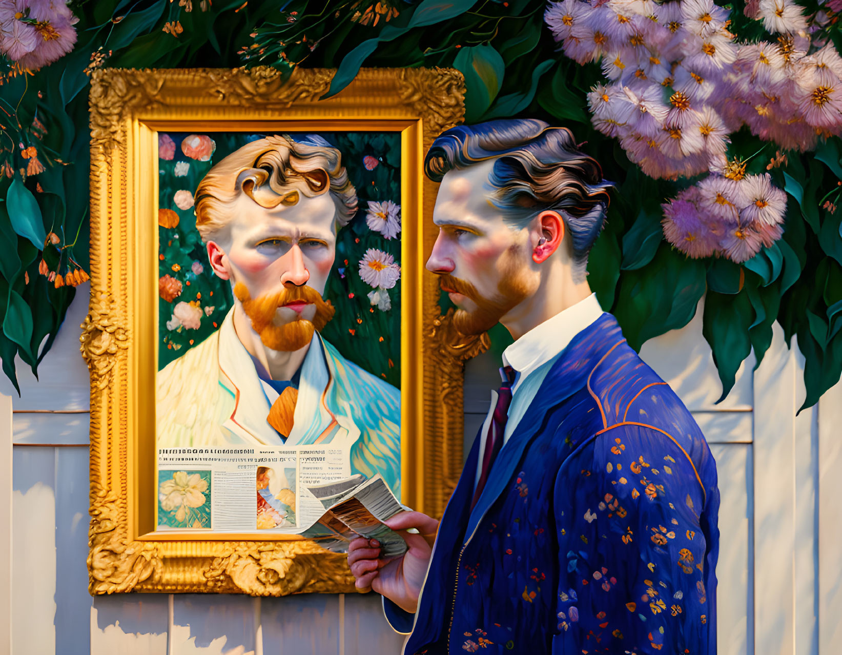 Man in Star-Patterned Blue Jacket with Framed Painting and Blooming Flowers