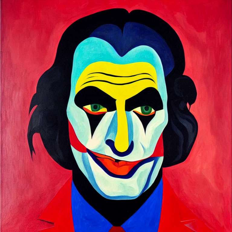 Vibrant portrait of a character with clown face paint and red suit