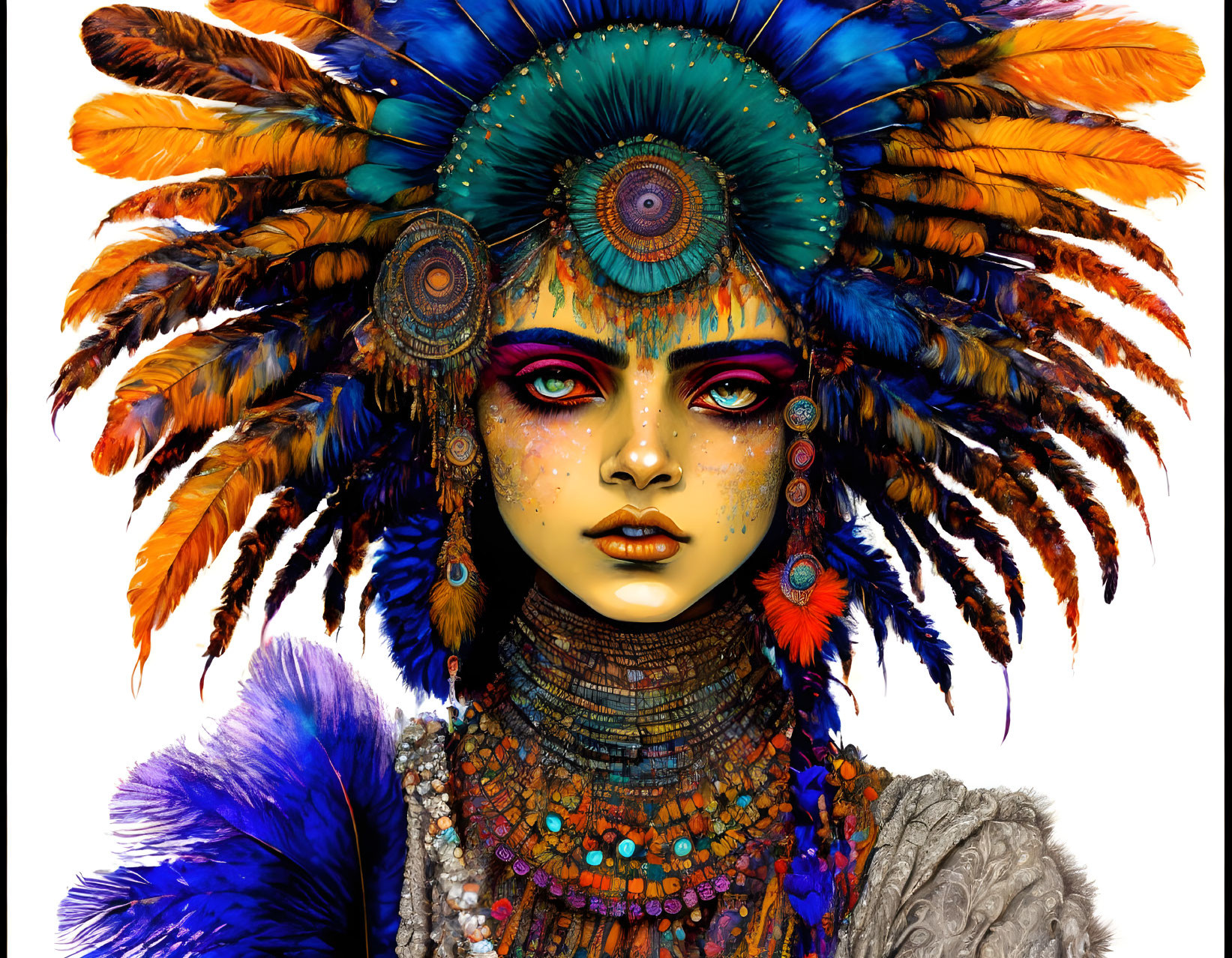 Colorful tribal jewelry woman with feather headdress on white background