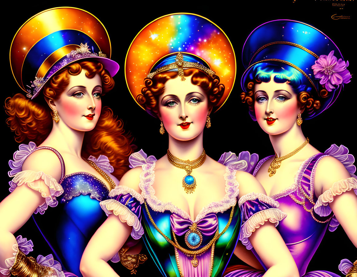 Three Vintage-Style Ladies in Cosmic-Themed Hats and Victorian Dresses