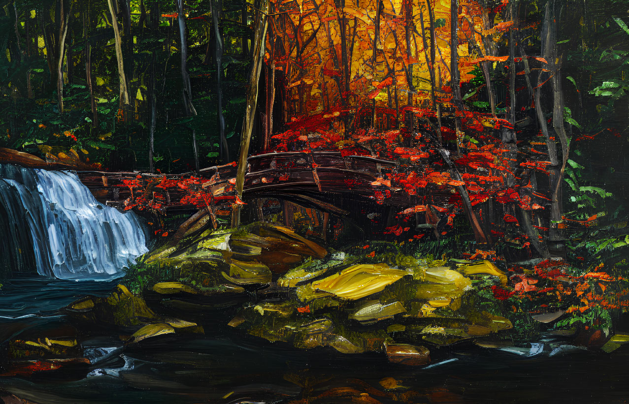 Autumnal forest painting with waterfall, wooden bridge, red and orange trees