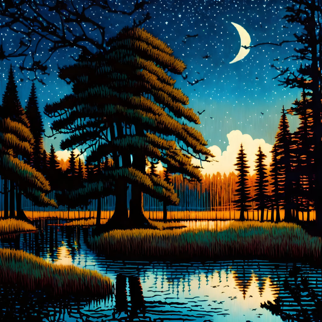 Tranquil night scene with crescent moon, pine trees, reflective water, and starry sky