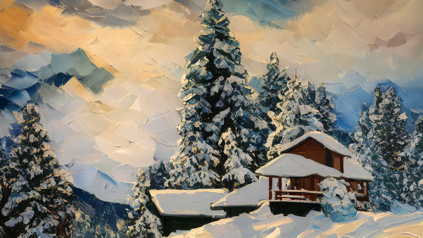 Snow-covered cabin in pine tree winter landscape with dramatic sky