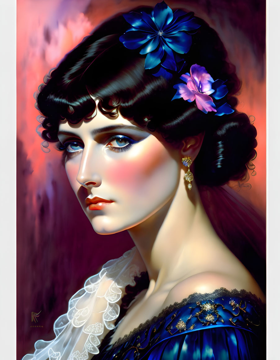 Portrait of woman with porcelain skin, black hair, blue flowers, blush cheeks, big blue eyes,