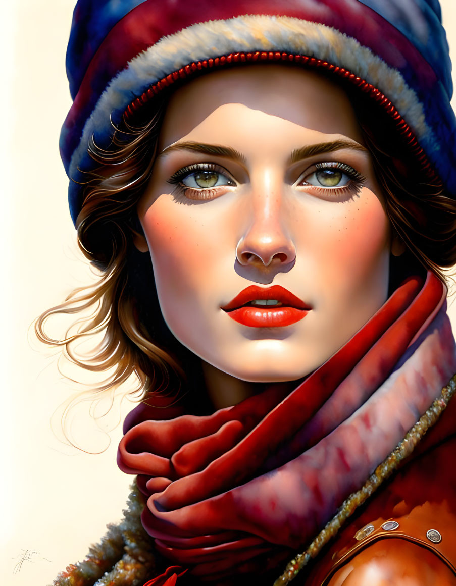 Detailed Digital Painting of Woman with Striking Green Eyes in Red Hat and Scarf