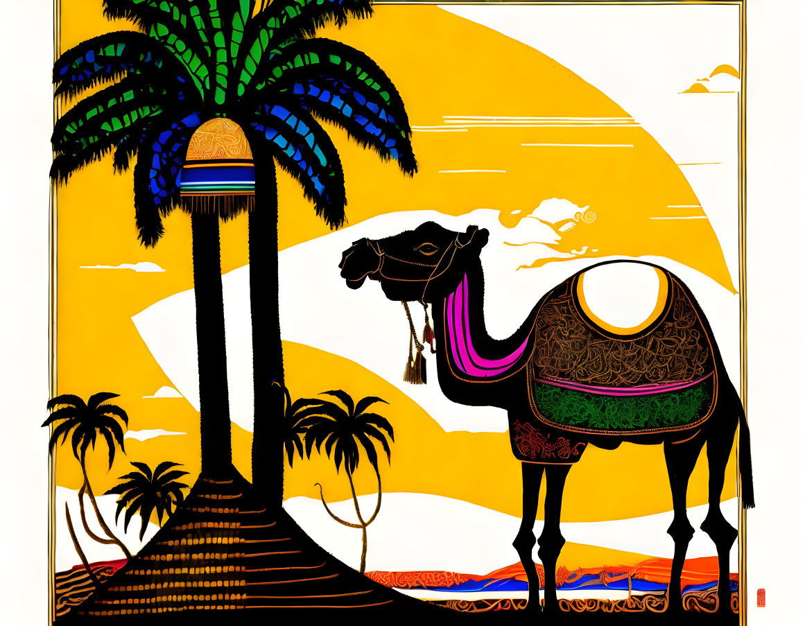 Camel under palm trees in desert sunset illustration