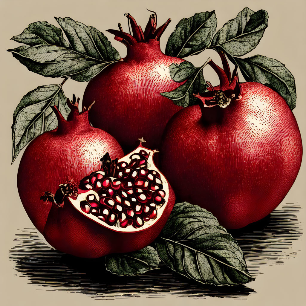 Detailed vintage-style illustration of three pomegranates, one sliced open, with lush leaves on cross