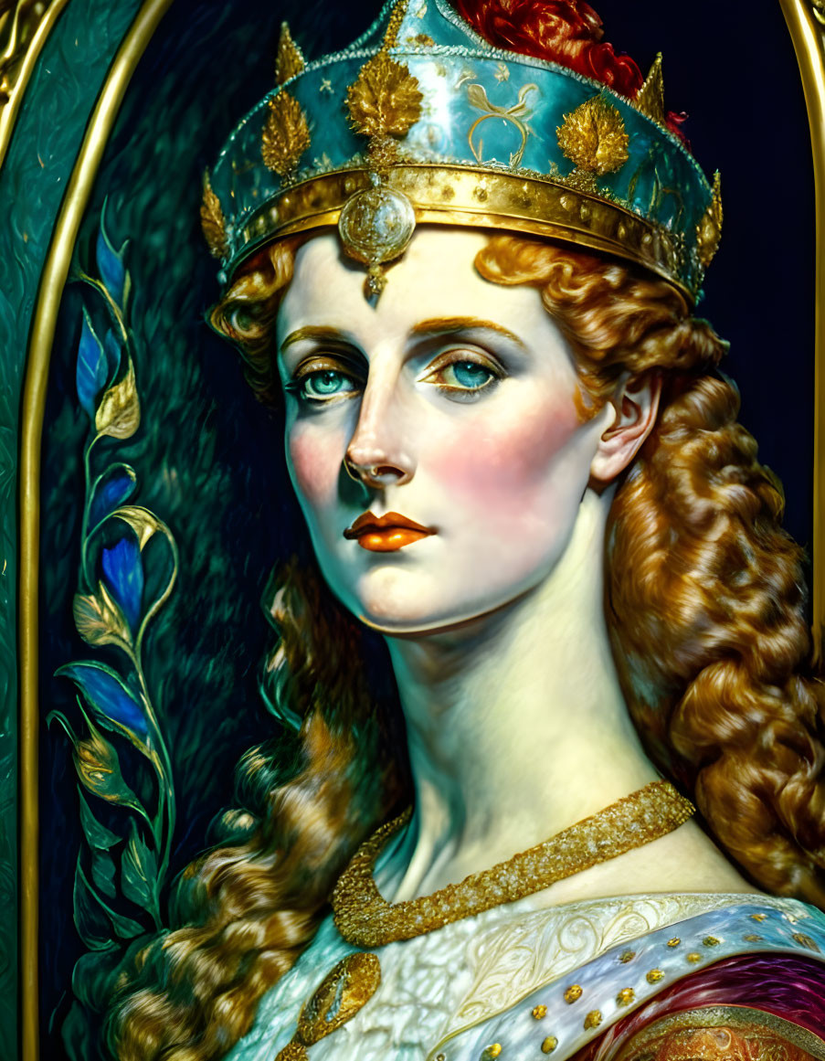 Regal woman illustration with ornate crown and blue cloak