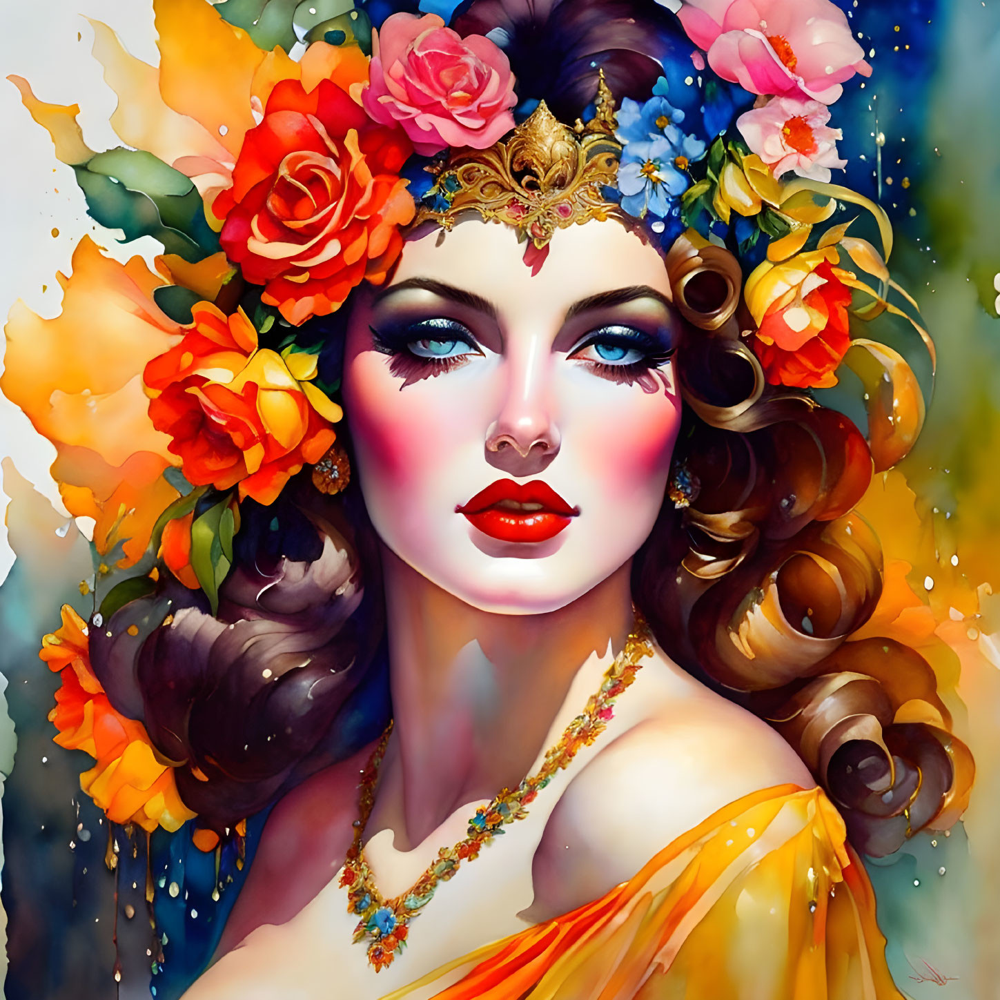 Vibrant woman with flowers in hair and blue eyes in colorful attire