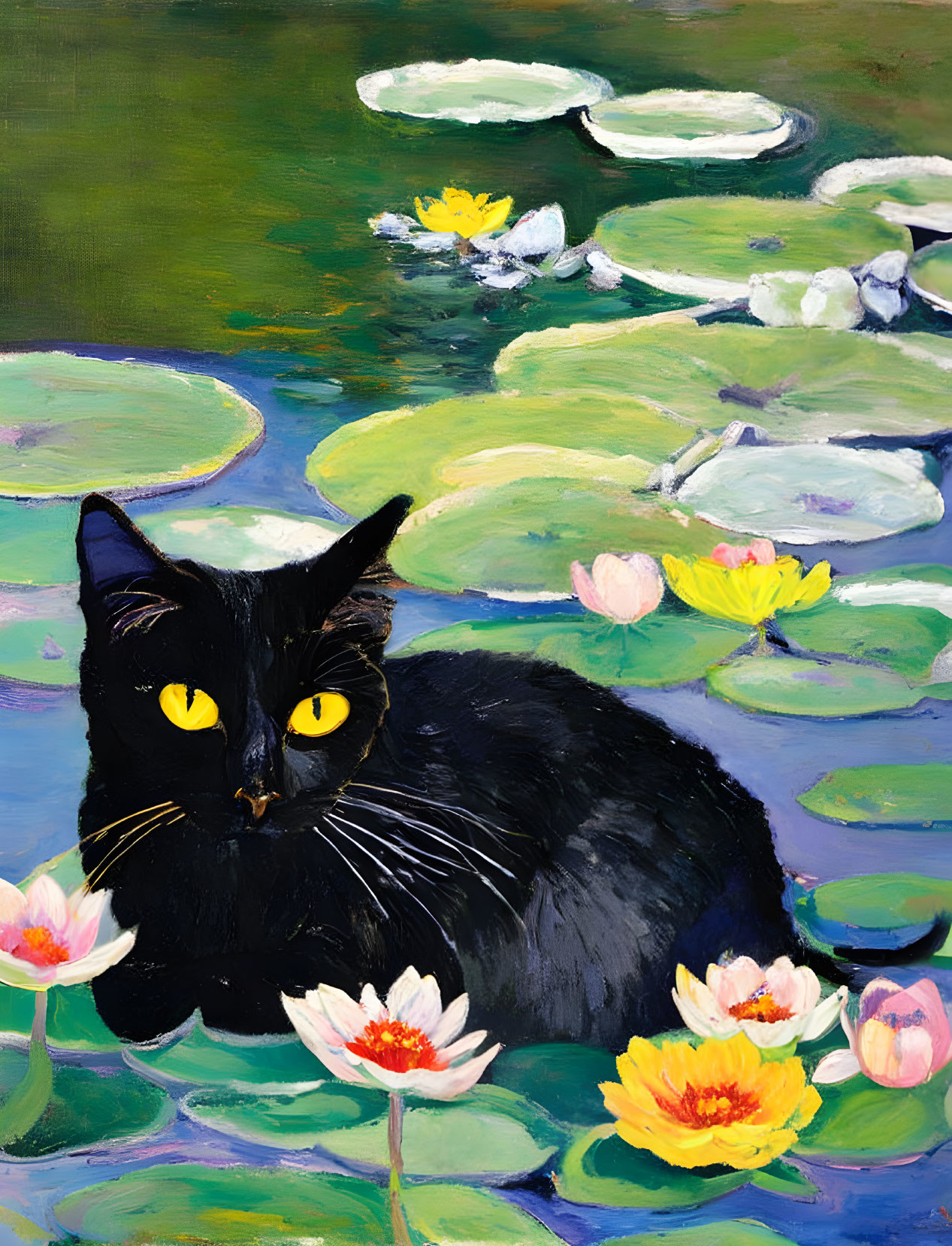 Striking yellow-eyed black cat among colorful water lilies on green lily pads