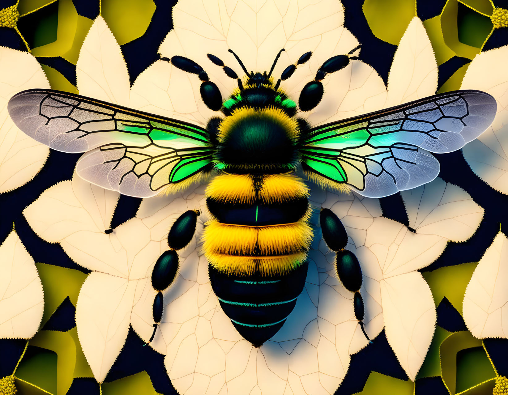 Detailed Digital Artwork: Bee with Intricate Wings and Fuzzy Body Amid Yellow-Edged Leaves