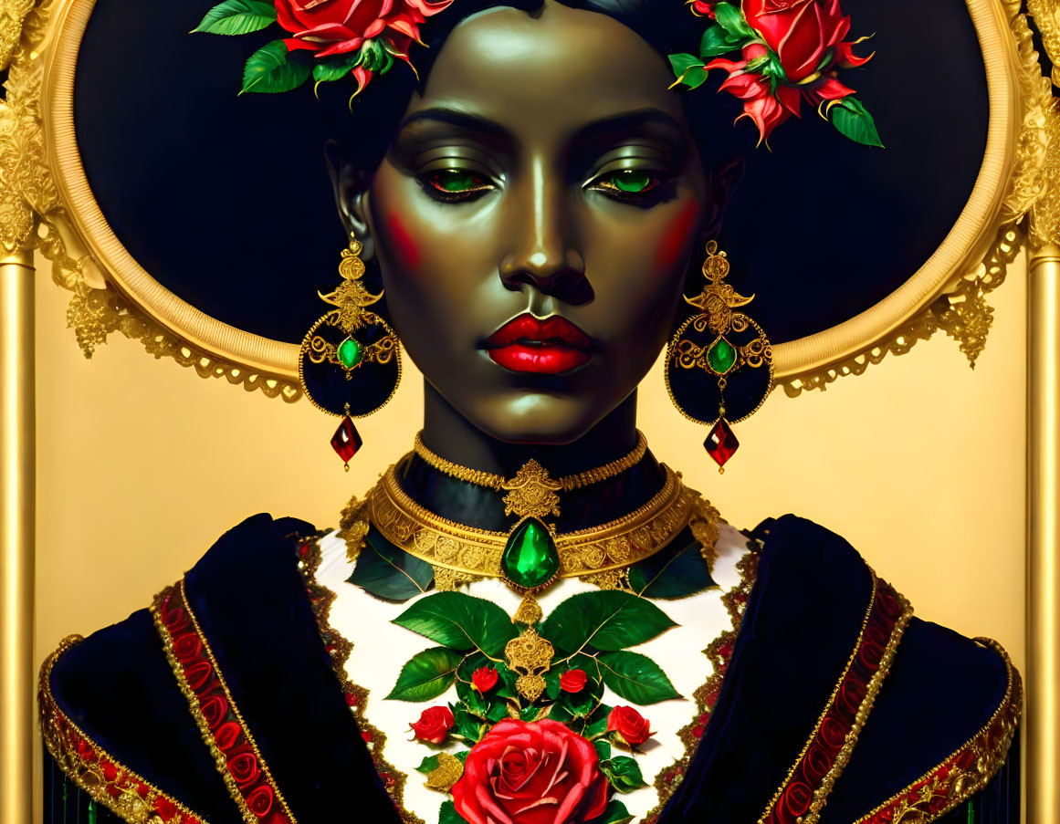 Dark-skinned woman with gold jewelry and roses on ornate golden backdrop