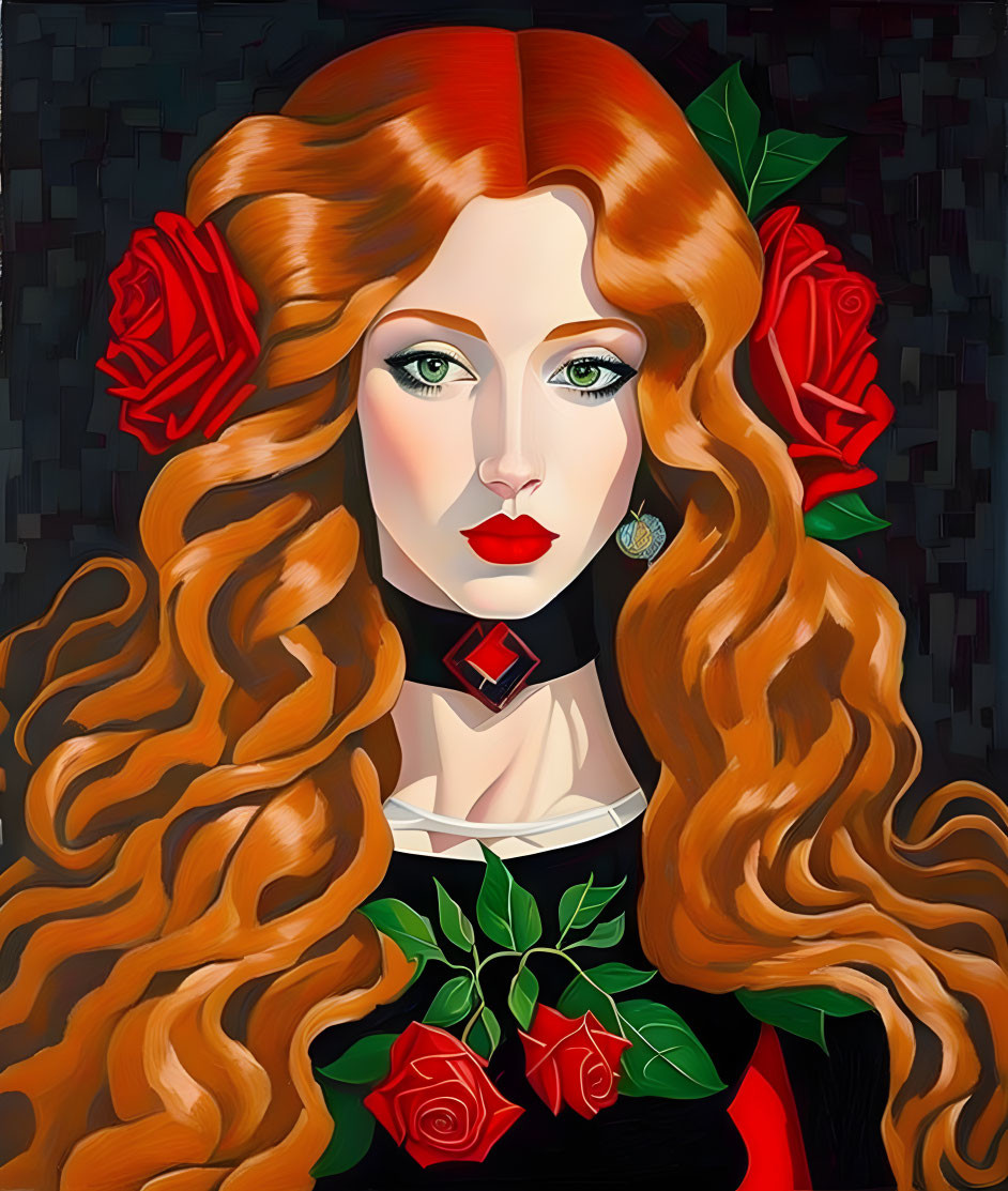 Red-haired woman with green eyes and roses in black outfit