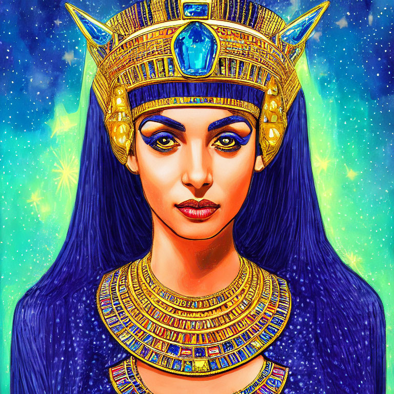 Colorful illustration of woman in Egyptian headdress with blue jewel & detailed collar, against starry backdrop