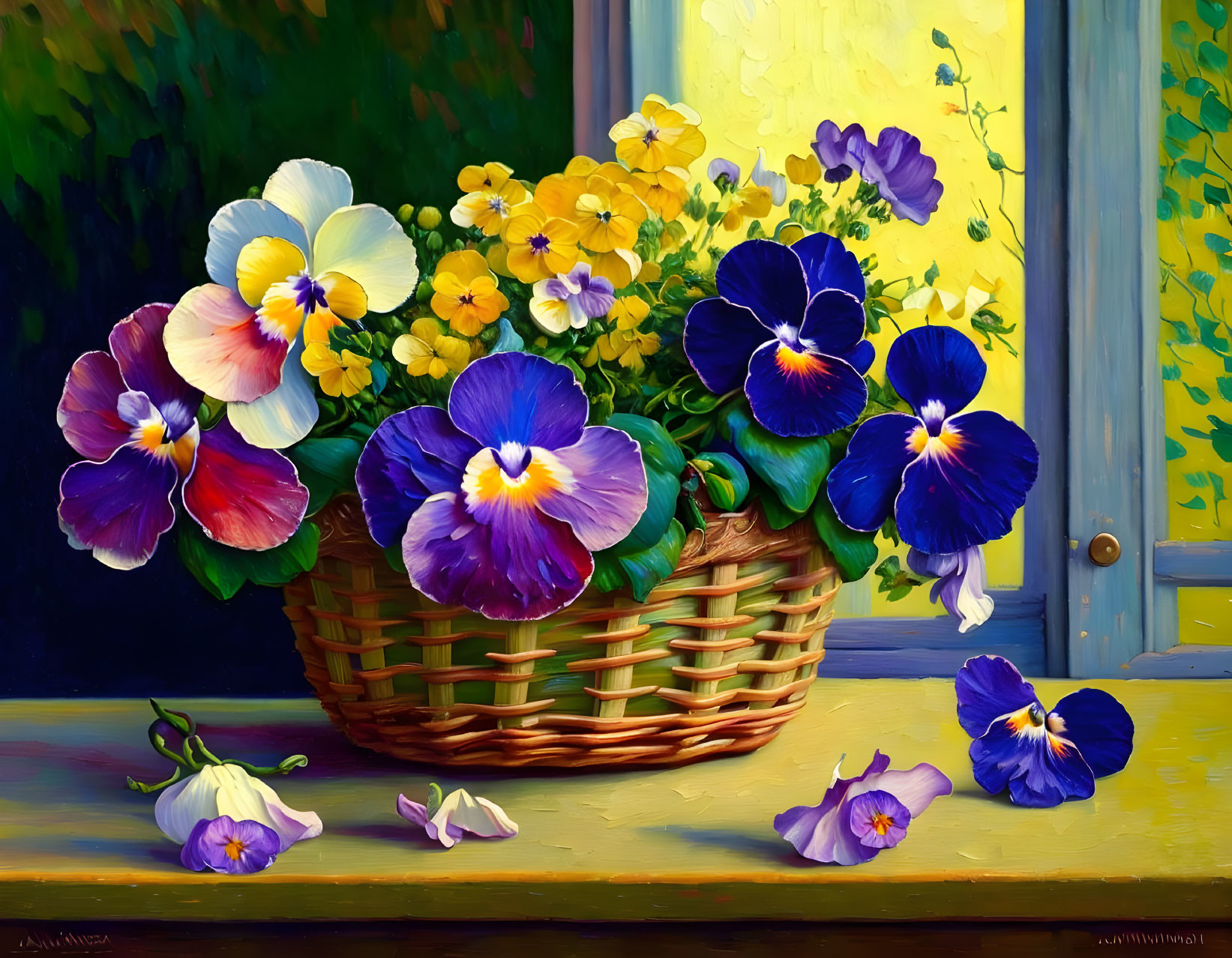 Colorful pansies in wicker basket against yellow background