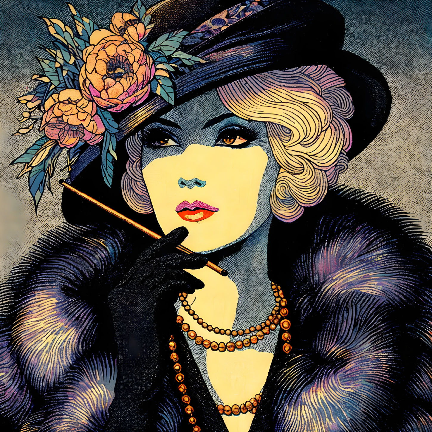 1920s woman illustration with wavy hair, floral hat, pearls, and fur coat