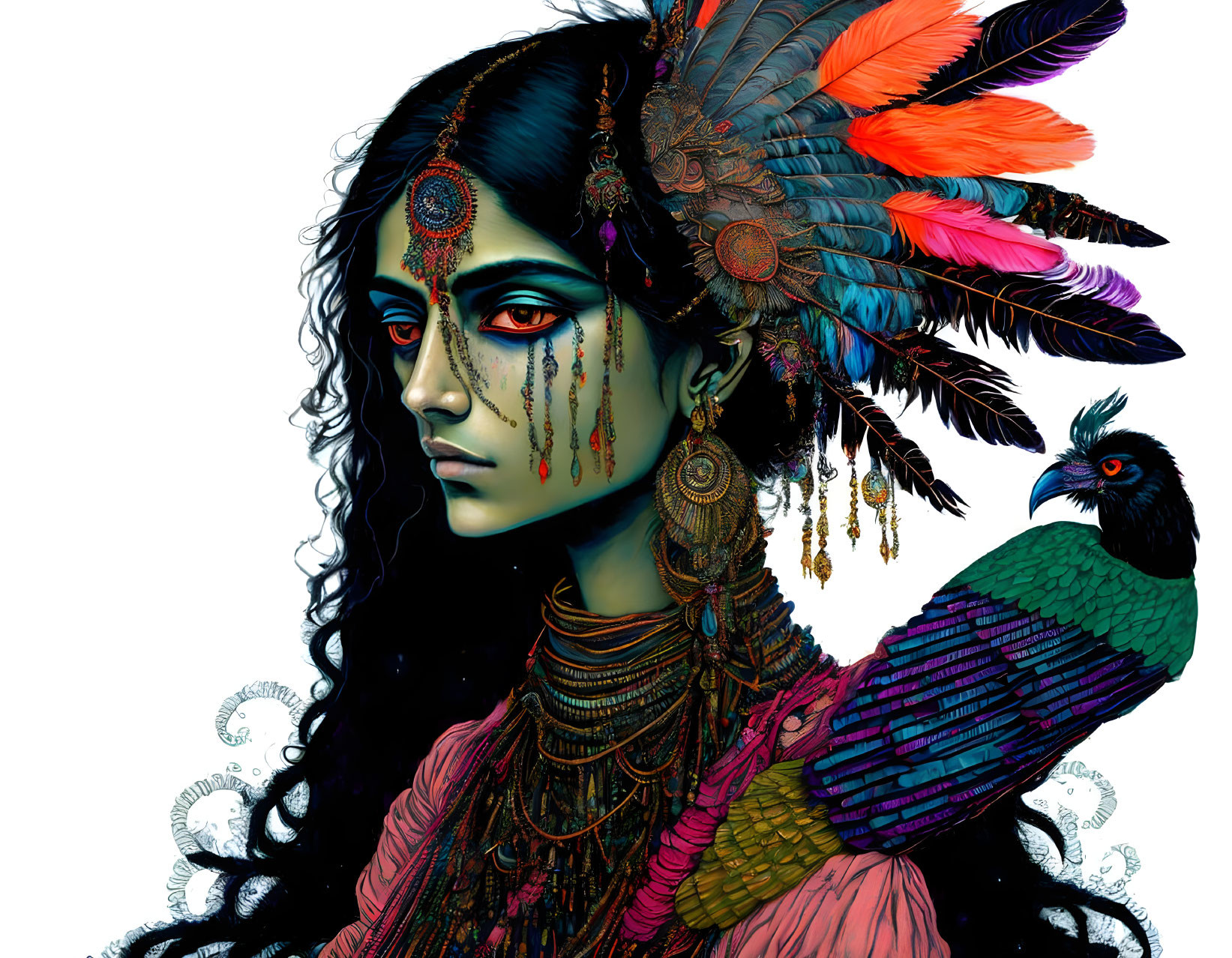 Colorful feather-adorned woman with peacock, long curly hair, and intricate jewelry on white