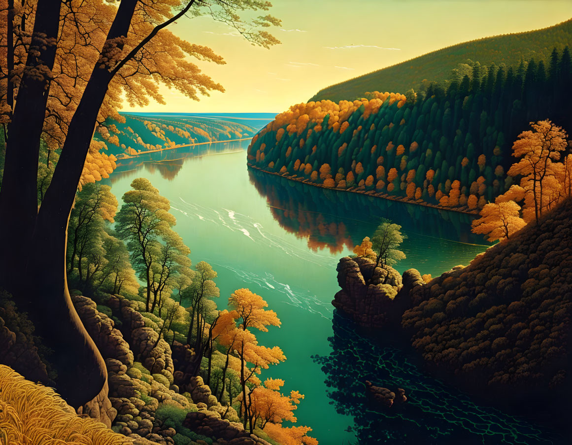 Tranquil autumn river with golden foliage and rolling hills