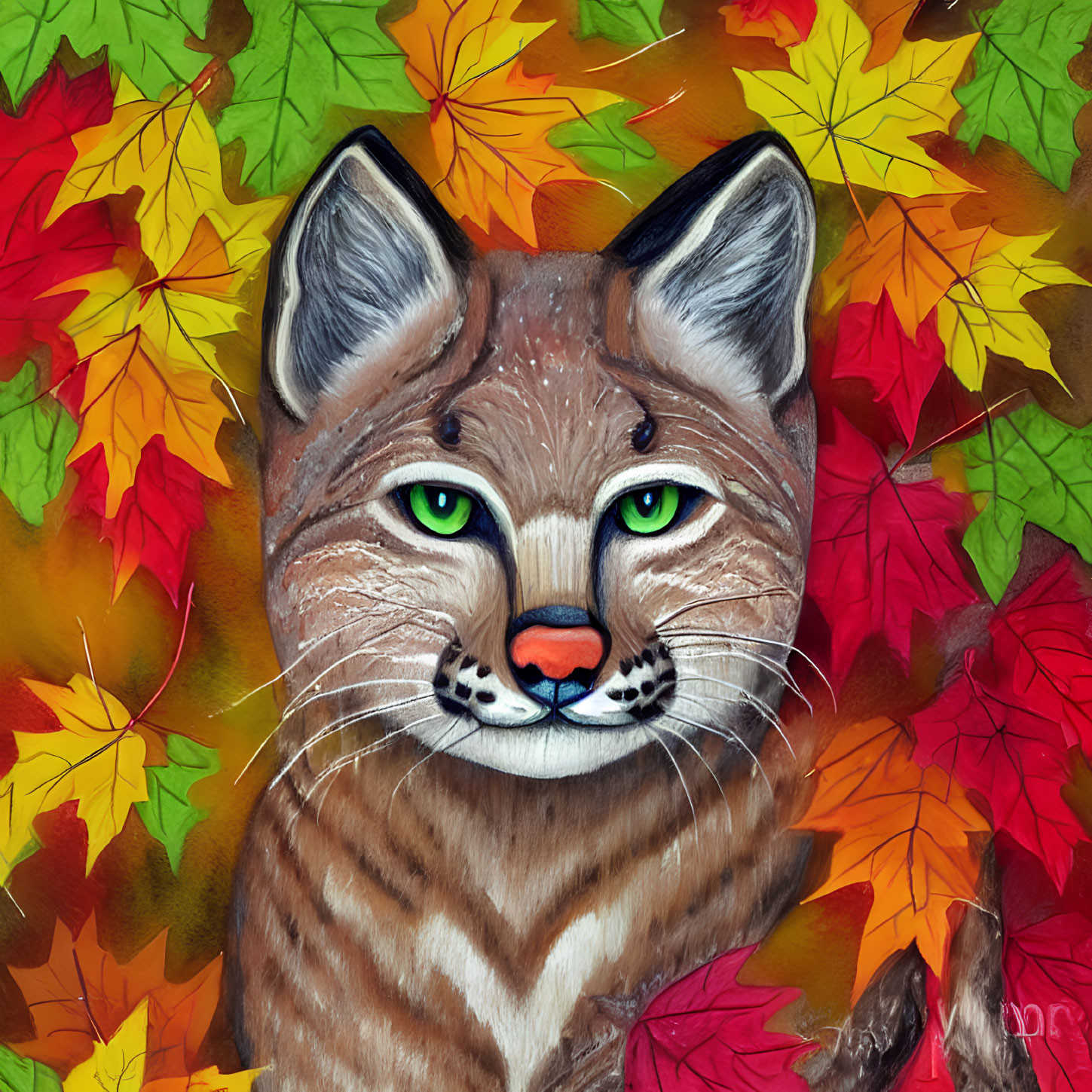 Detailed Lynx Face Illustration Surrounded by Autumn Leaves