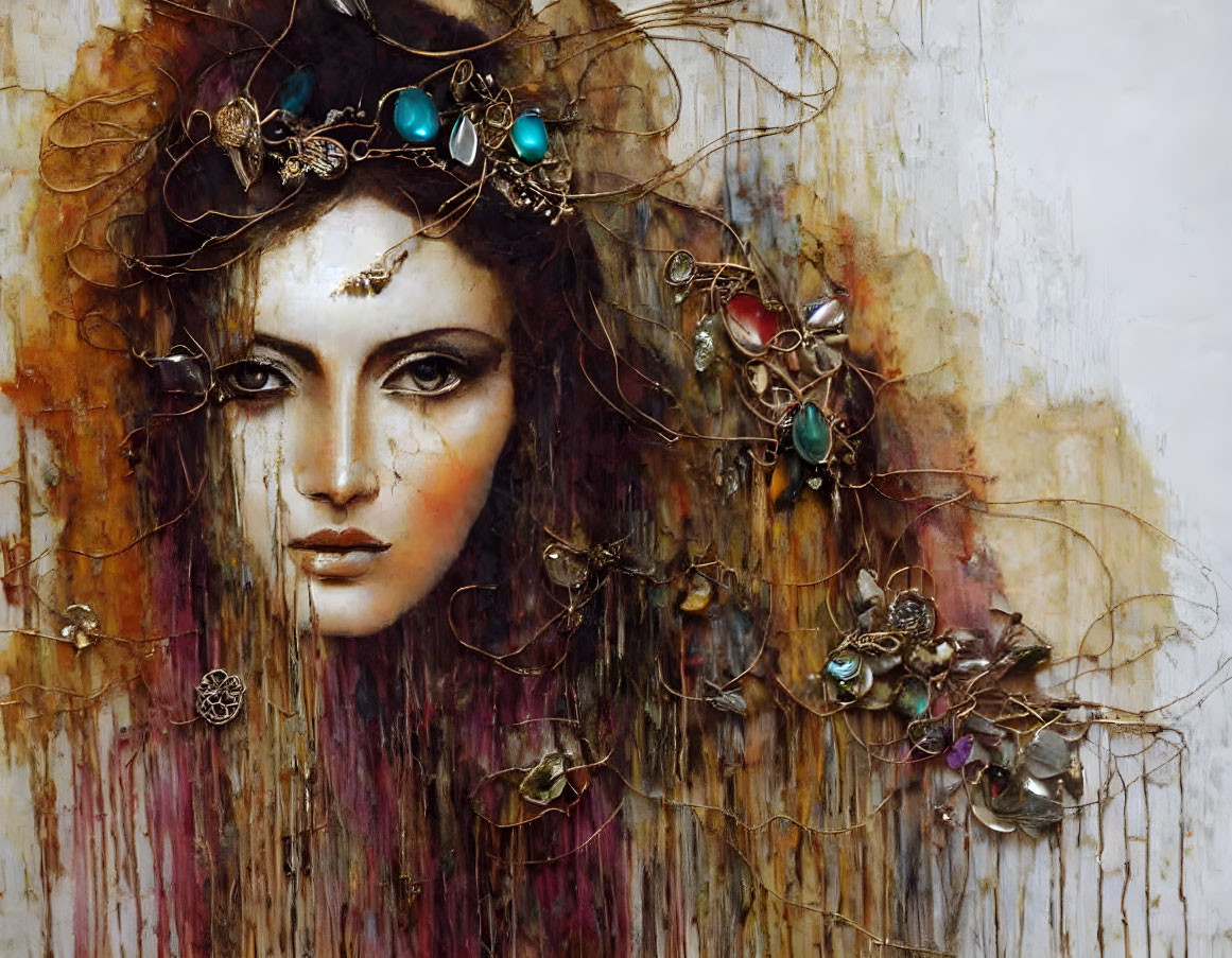 Woman portrait with ornate metalwork and jewel-toned stones in hair on abstract background