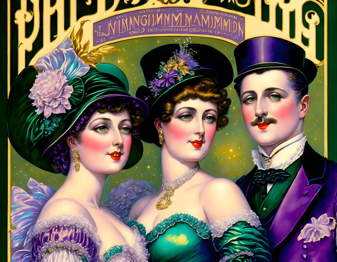 Vintage illustration of three individuals in elaborate hats and fancy dresses