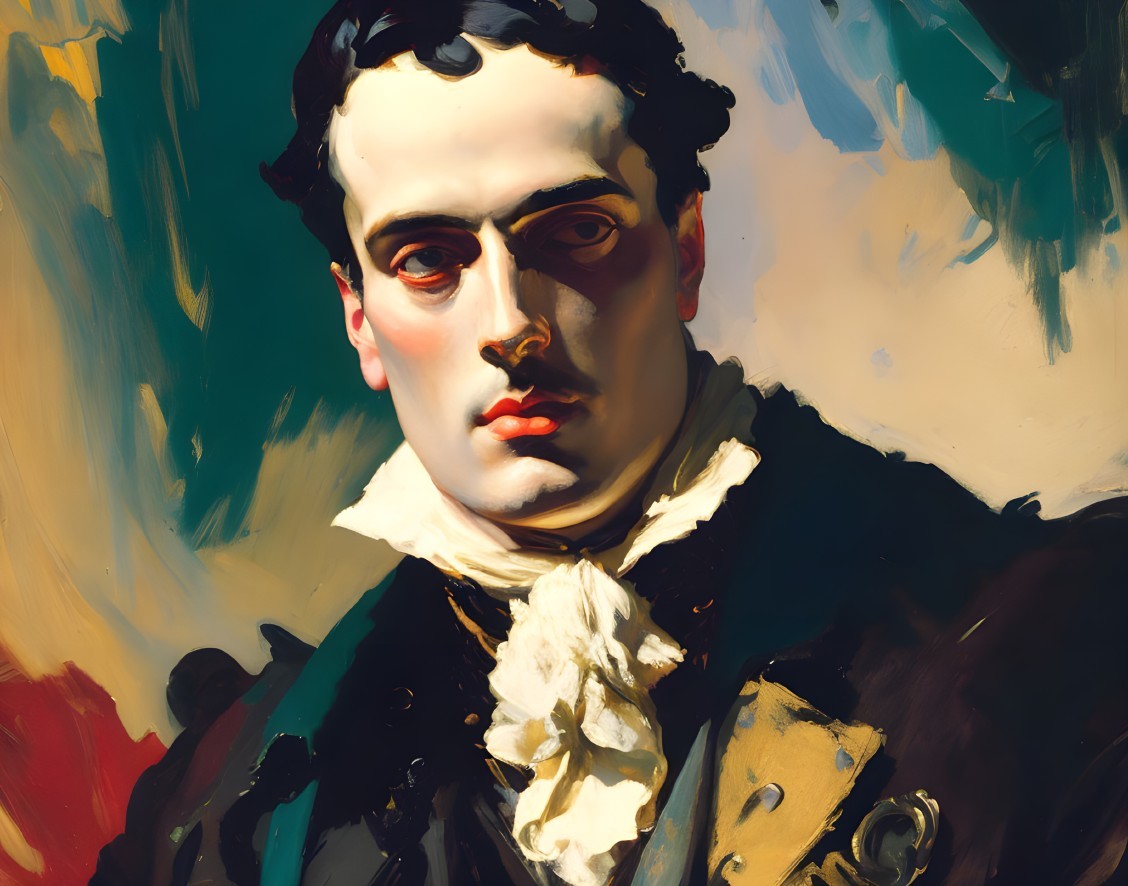 Portrait of stern man with dark hair and white cravat in oil painting