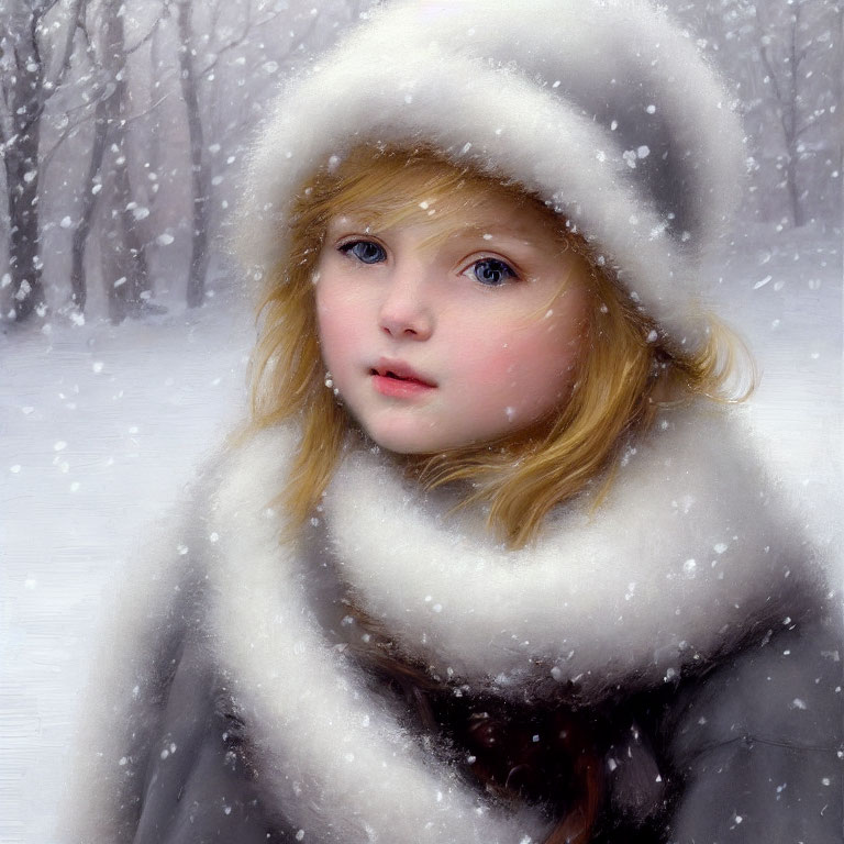 Blond Girl in White Furry Hat and Grey Coat in Snowfall