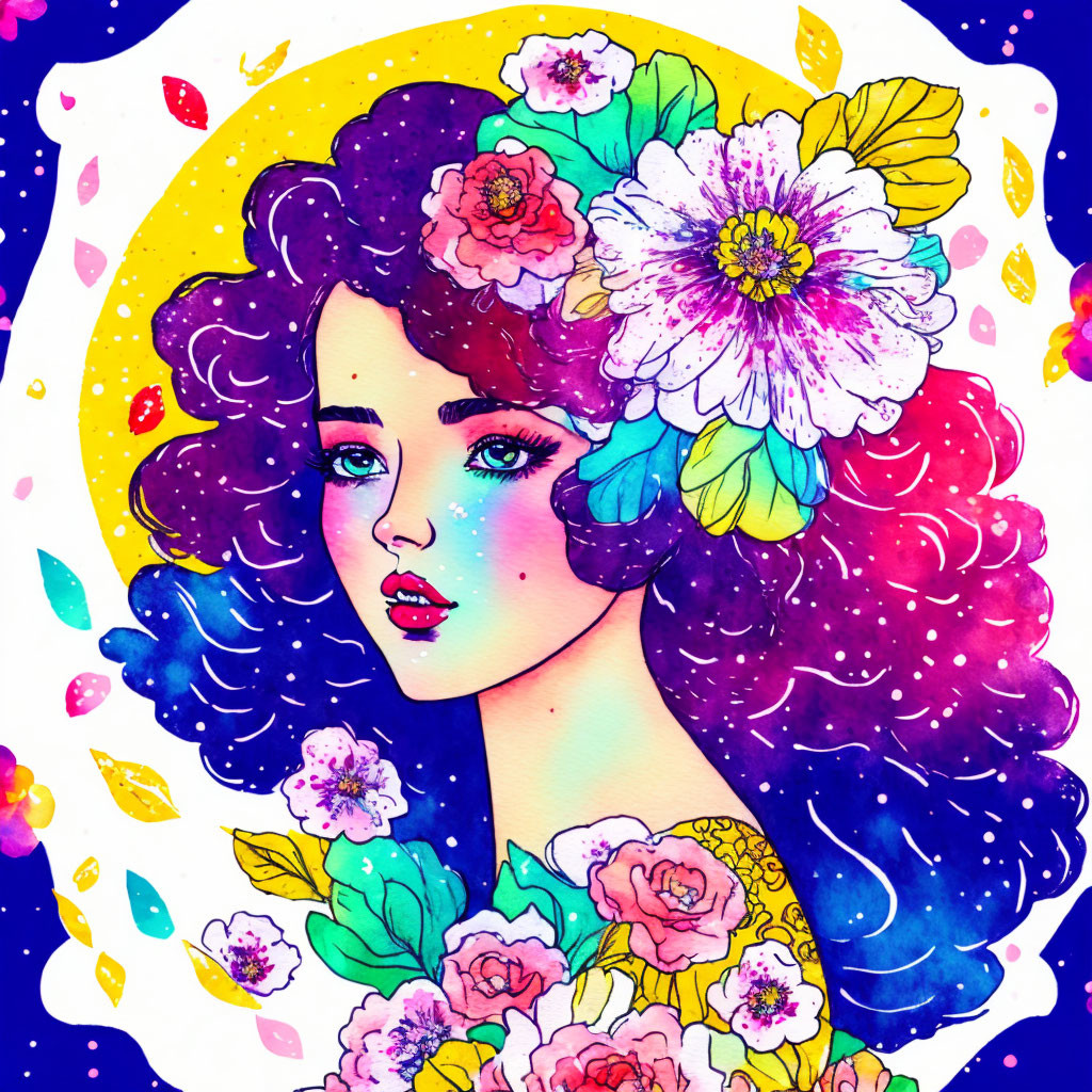 Colorful Woman with Purple Hair and Flowers on Starry Blue Background