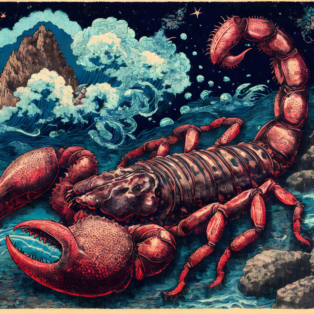 Stylized giant lobster in ocean scene with clouds and night sky