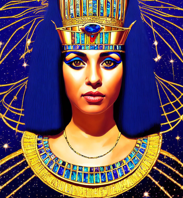 Woman in Ancient Egyptian Pharaoh Style with Blue and Gold Headdress