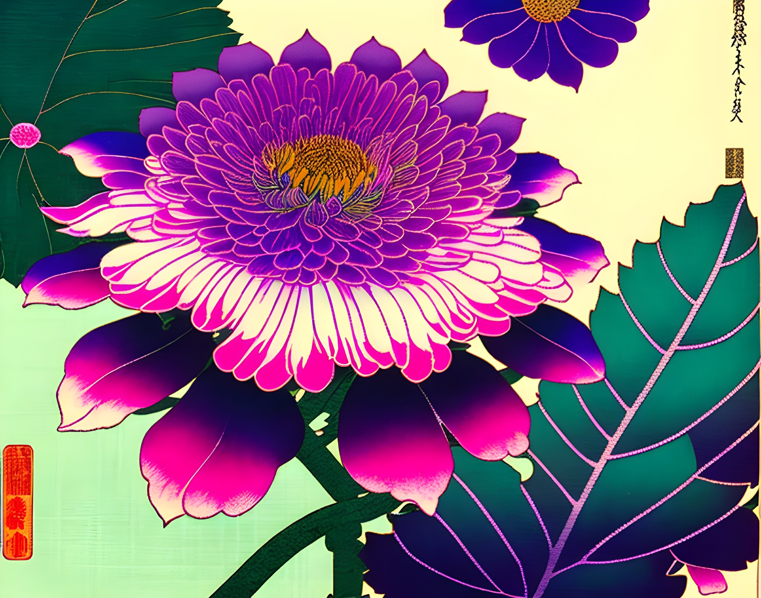 Detailed purple chrysanthemums illustration on green background with Japanese elements