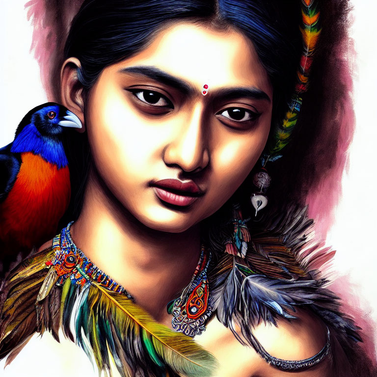 Colorful illustration of woman with bindi, jewelry, feathers, and bird