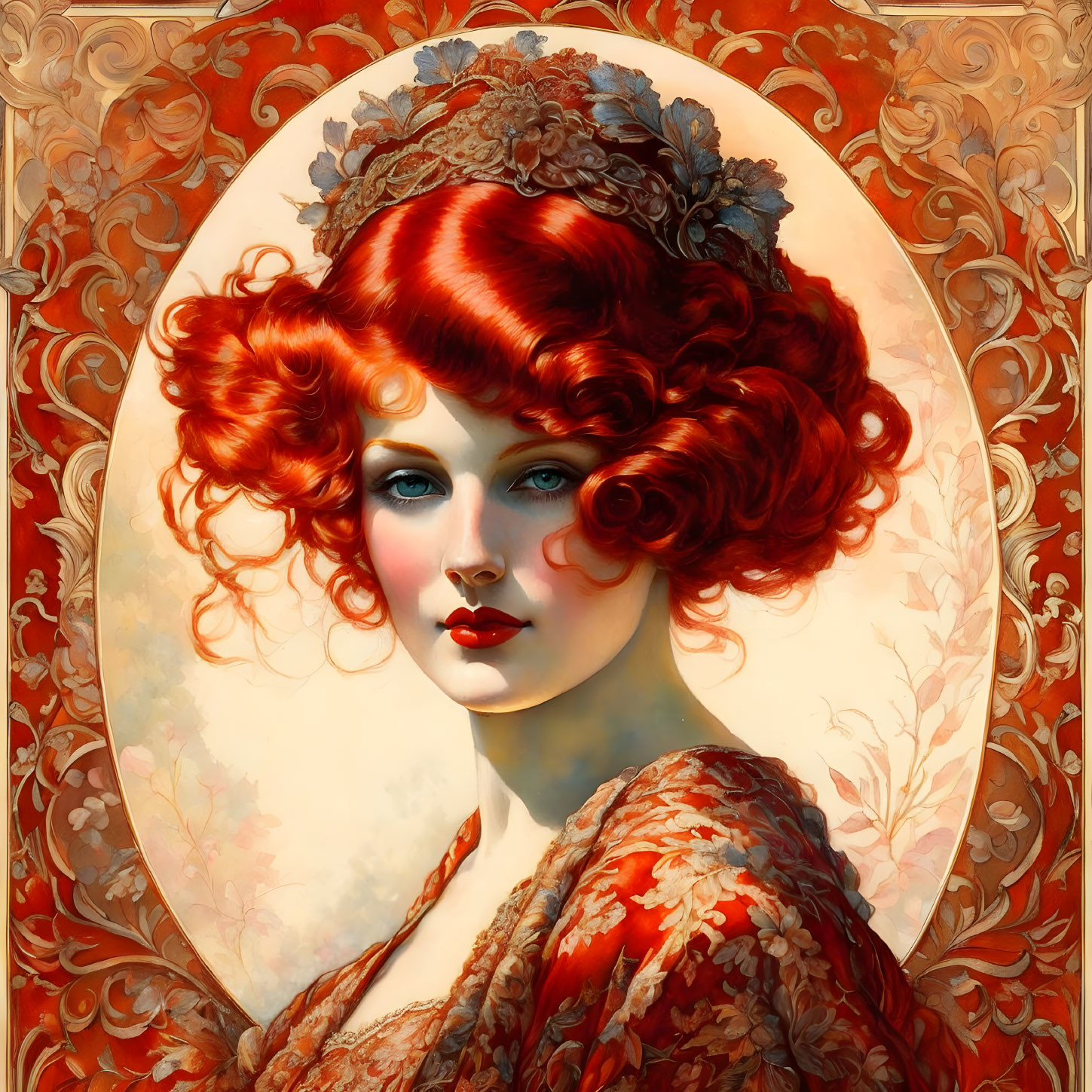 Art Nouveau Style Portrait of Woman with Red Hair & Floral Patterns